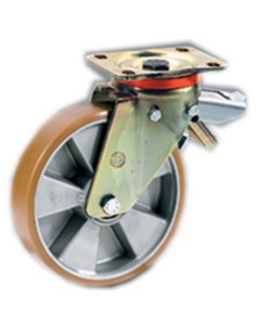 RUEDA POLIURETANO NUCLEO ALUMINIO, GIRATORIA CON FRENO
